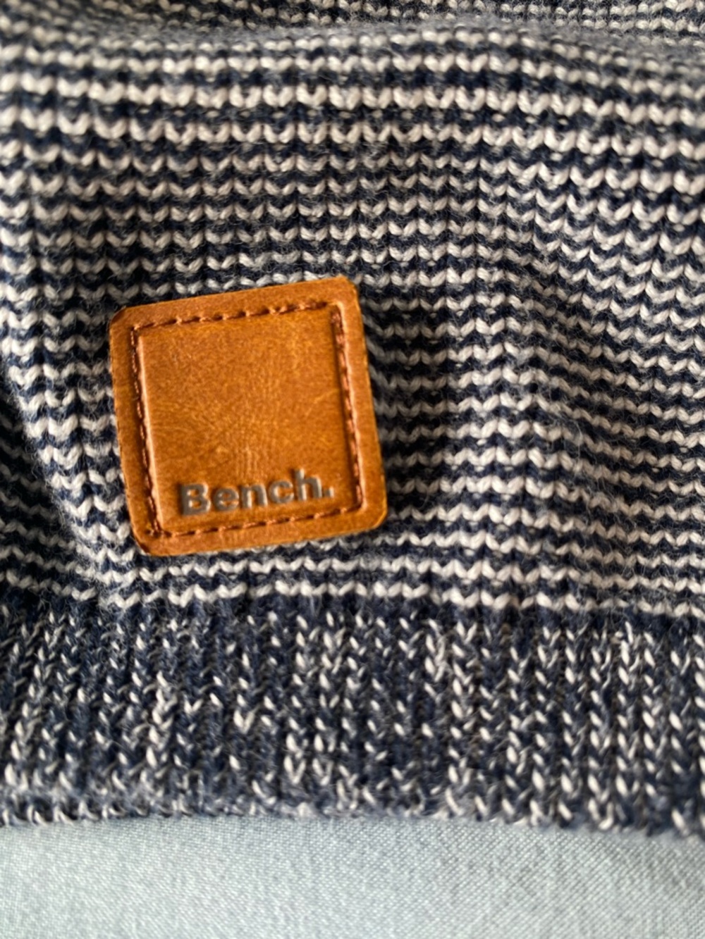 Bench Men’s One Size Navy and white Striped Knit Beanie with Tan Leather Logo